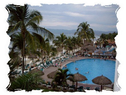 Looking at the pool from a room balcony